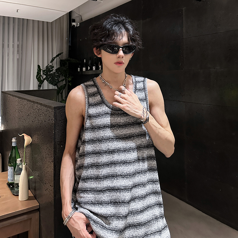 复古老钱风条纹针织背心男夏季宽松透气美式潮牌高街休闲无袖t恤