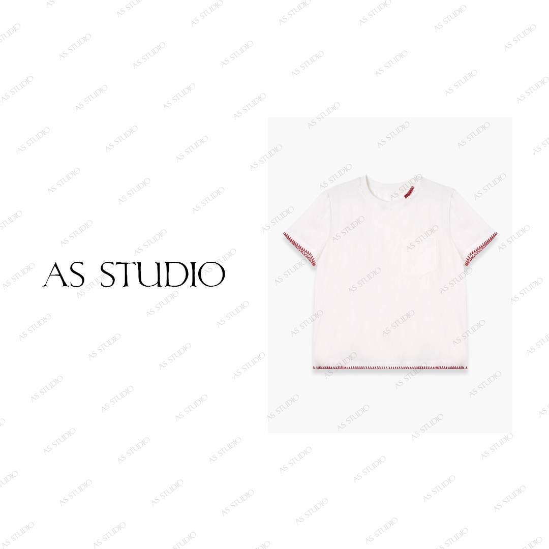 【AS缝纫机】25新原创撞色勾边穿线刺绣纯色宽松短袖AS25XTX4791