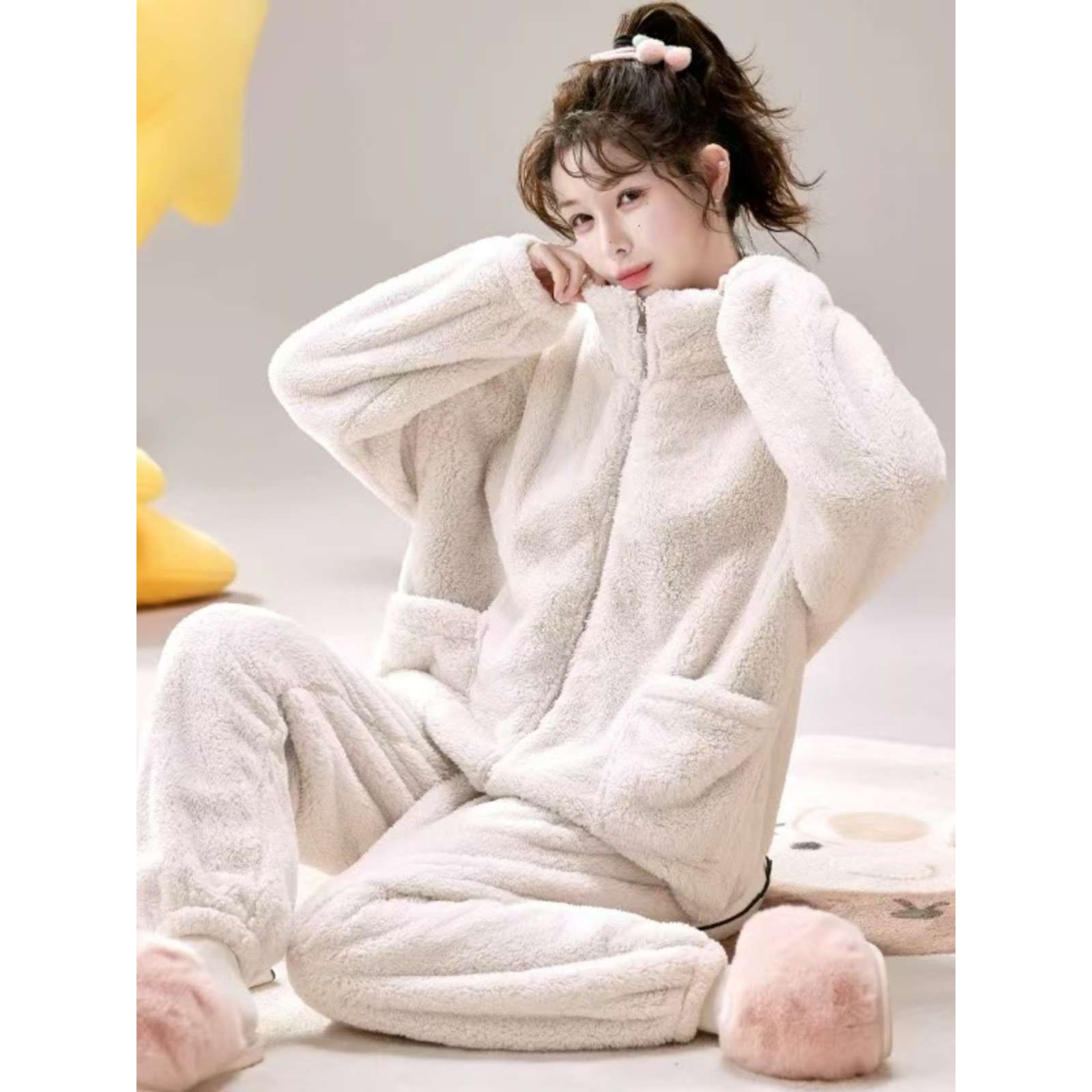 双面北极绒加厚加绒保暖睡衣冬季家居服2025新款拉链设计长袖冬服