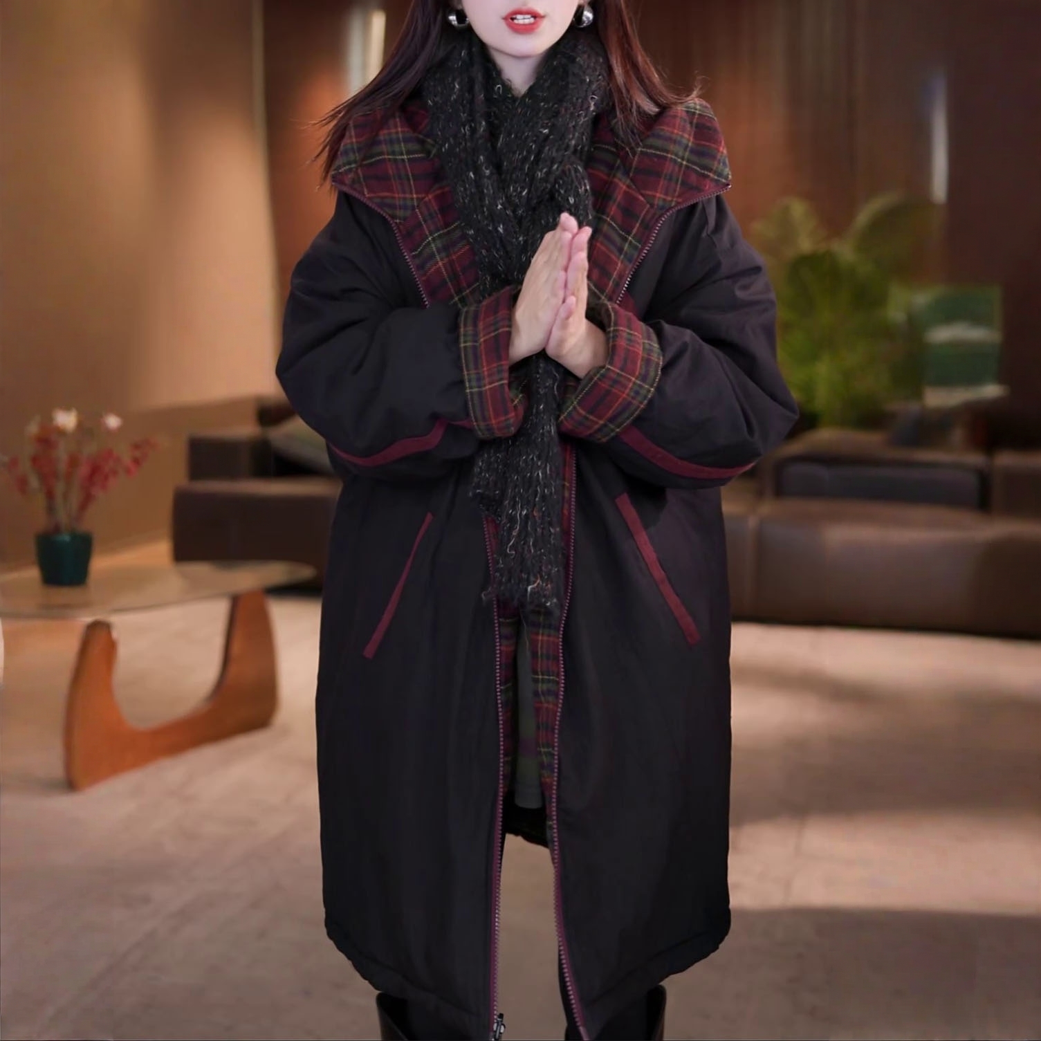 时尚简约双面穿连帽棉服女2025秋冬新款洋气设计感中长款棉衣外套