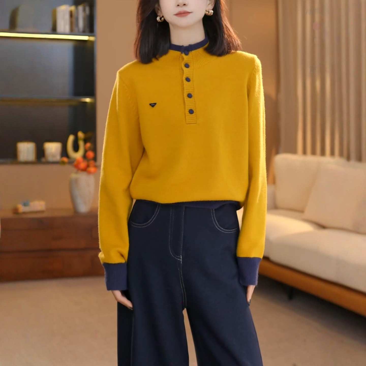 半开领纽扣针织衫女2025秋冬新款黄色撞色设计感穿搭打底毛衣上衣
