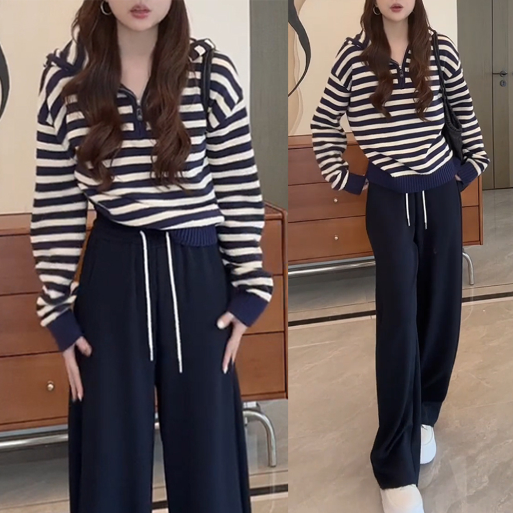 韩系慵懒风套装女2025春秋新款条纹连帽针织长袖休闲运动裤两件套
