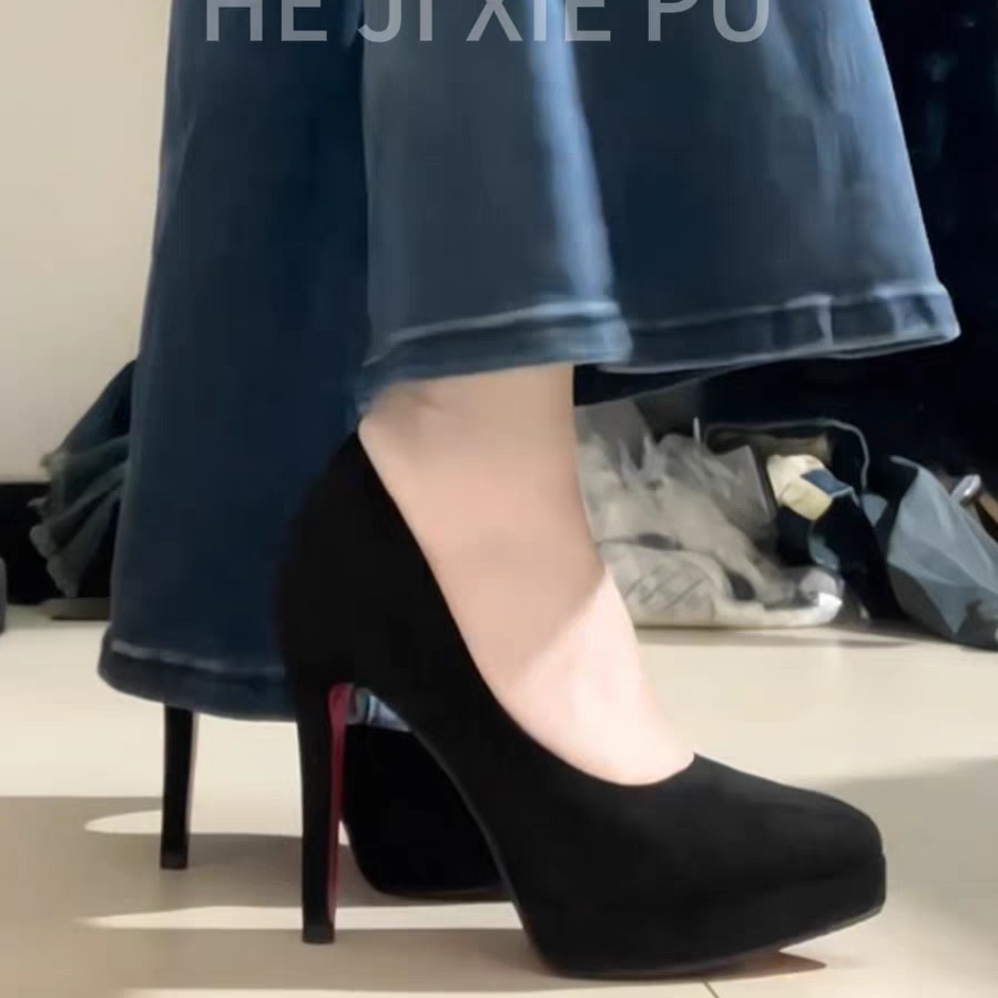 正装百搭少女绒面粗跟黑色防水台职业高跟鞋欧美性感高跟鞋粗跟