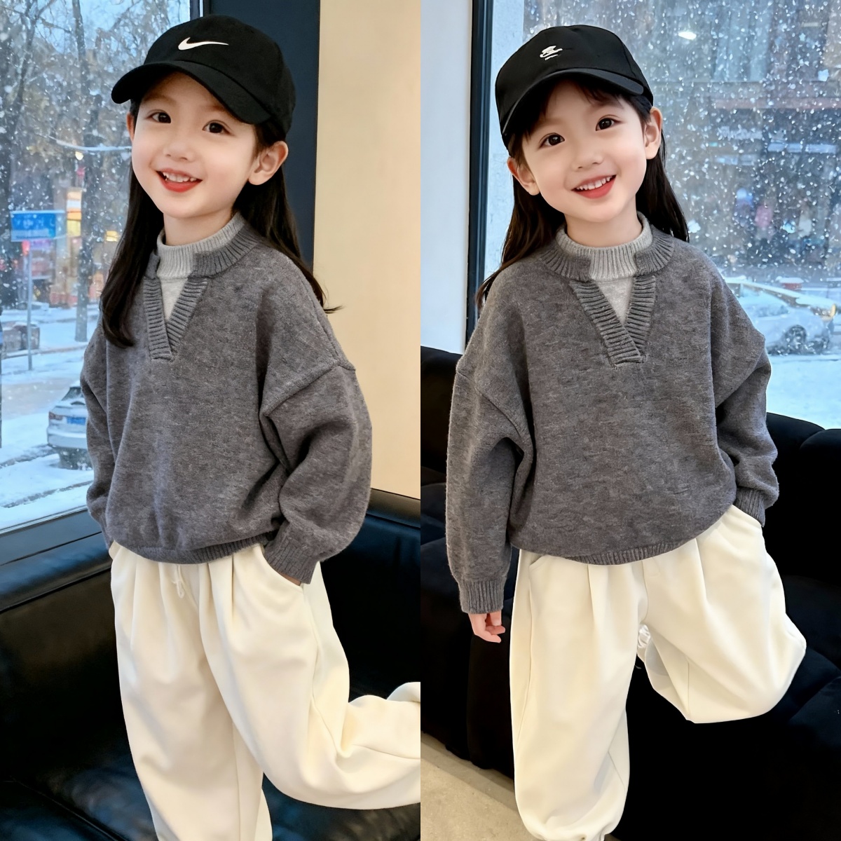加厚儿童毛衣男女童假两件套头打底针织衫秋冬款洋气男孩保暖上衣