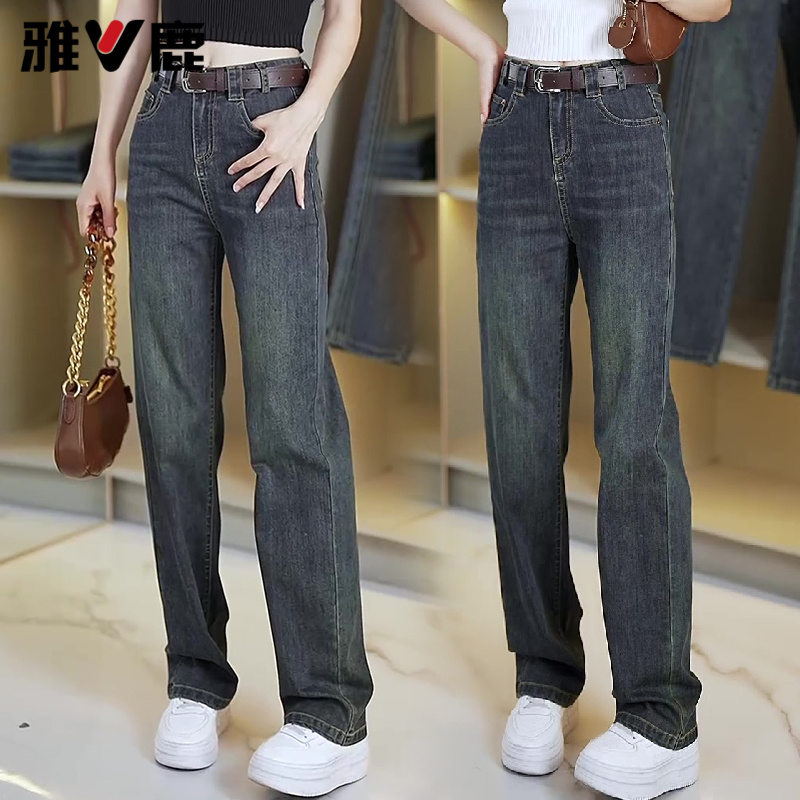 雅鹿窄版阔腿牛仔裤春秋季新款高腰百搭显瘦百搭休闲直筒裤
