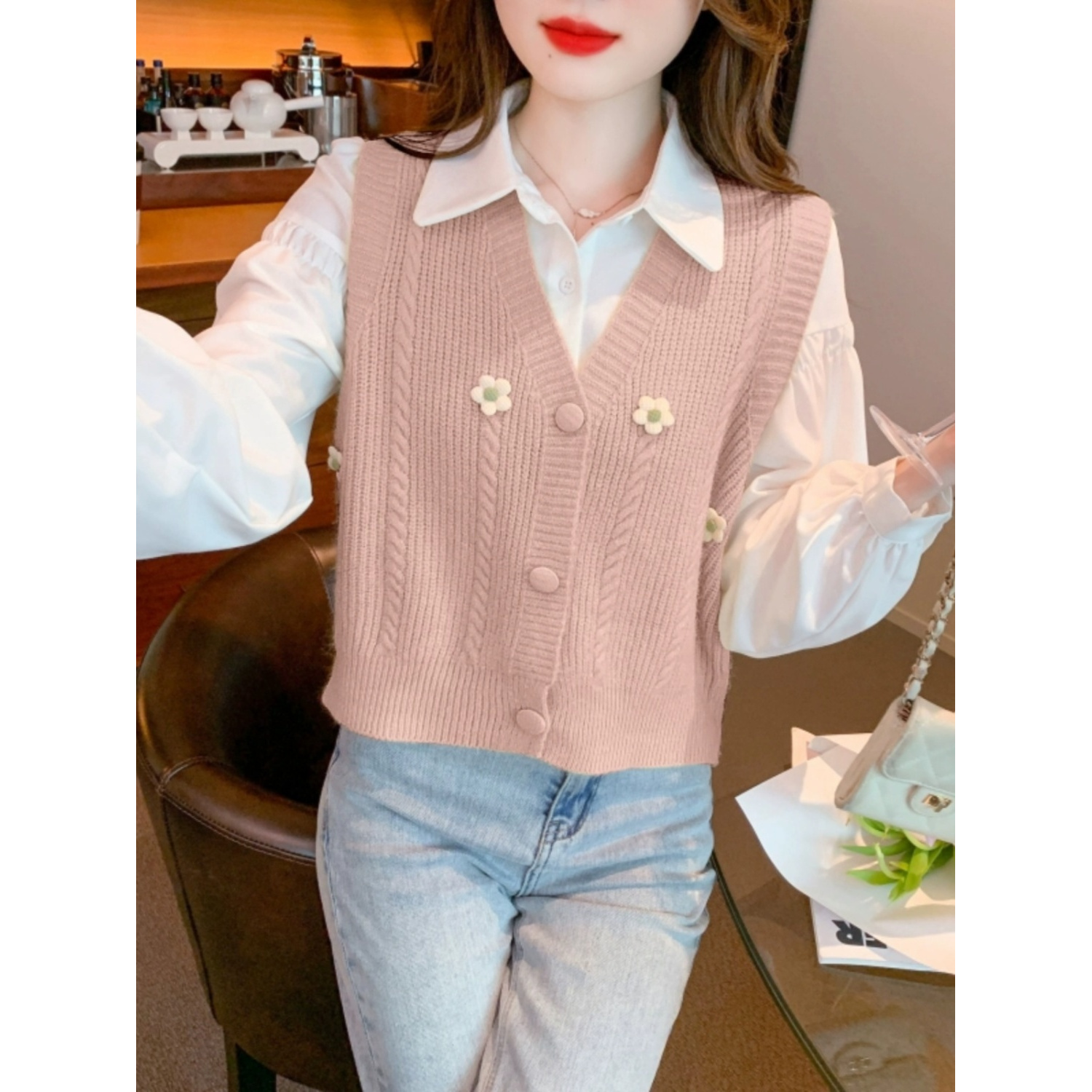 两件套气质针织开衫衬衫2025秋季女士感小新款洋装马甲外搭设计感