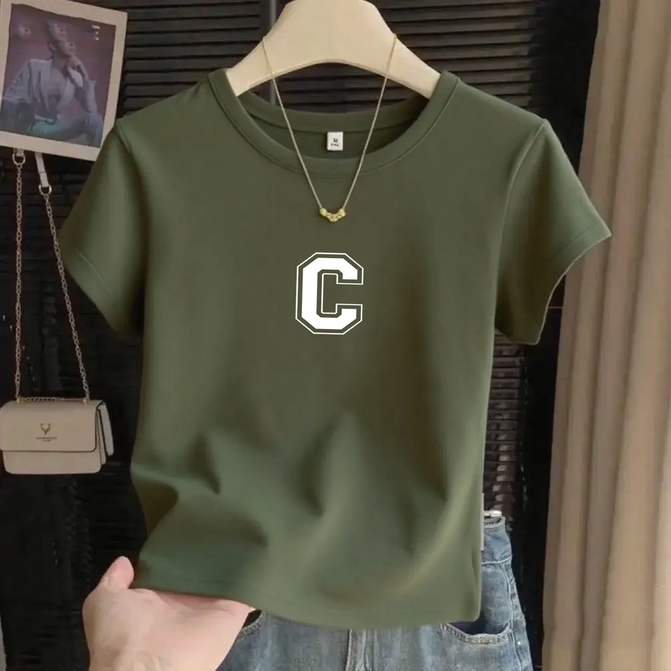 复古搭工装裤上衣军绿色女圆领透气短袖显白显瘦T恤复古军绿女士