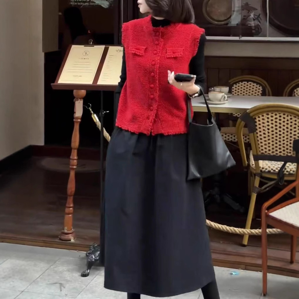 2025早春新款纯色长袖打底衫气质时尚高级感纯色马甲休闲半身裙女