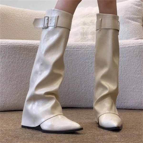 软皮版~尖头辣妹风白色长筒靴女2025皮带扣坡跟显瘦裤筒靴骑士靴