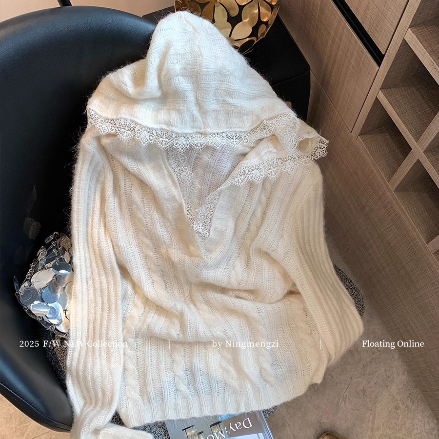 【现货】法式蕾丝拼接连帽针织衫女2025年早秋慵懒风气质温柔毛衣