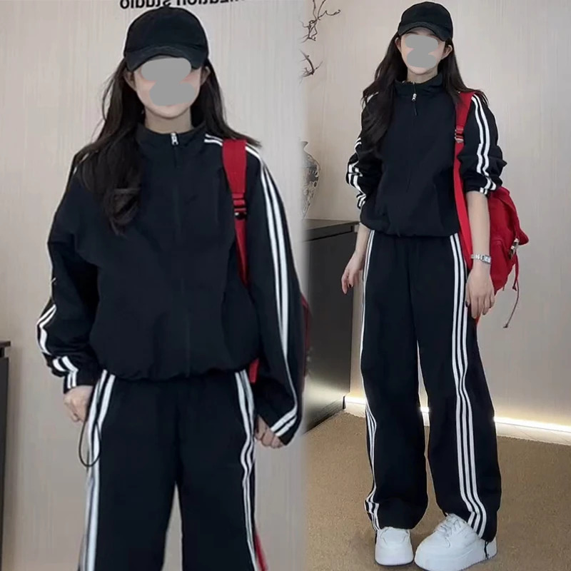 韩系冲锋衣休闲运动套装女春秋学生时尚宽松外套阔腿裤两件套跑步
