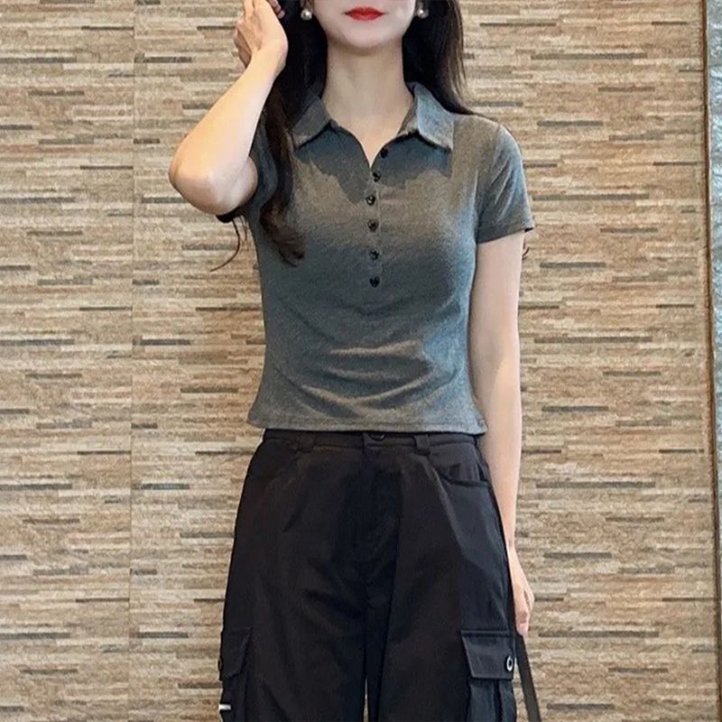 美式正肩灰色polo领短袖T恤女夏季运动修身显瘦气质翻领别致上衣