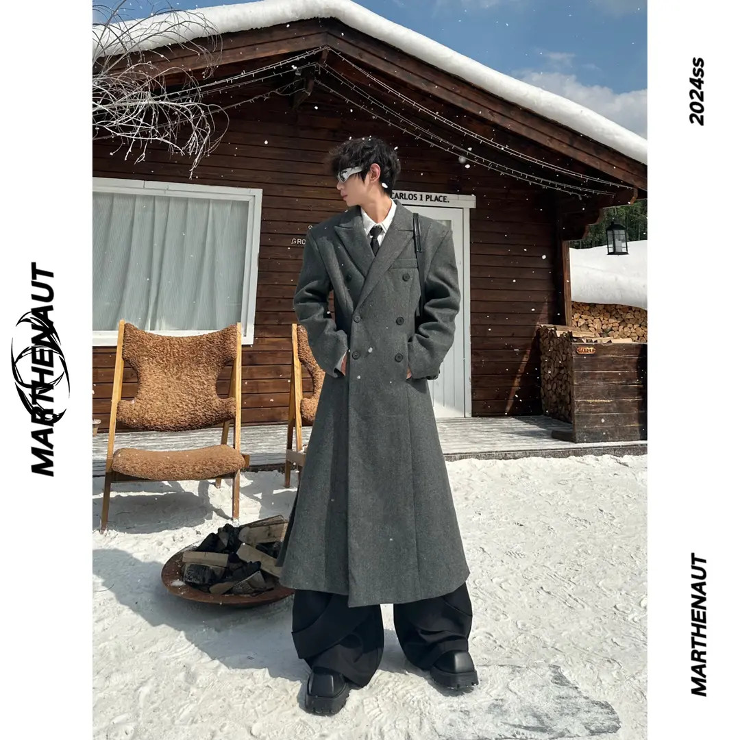 MARTHENAUT小众原创设计收腰垫肩毛呢阔挺过膝大衣双排扣长款风衣