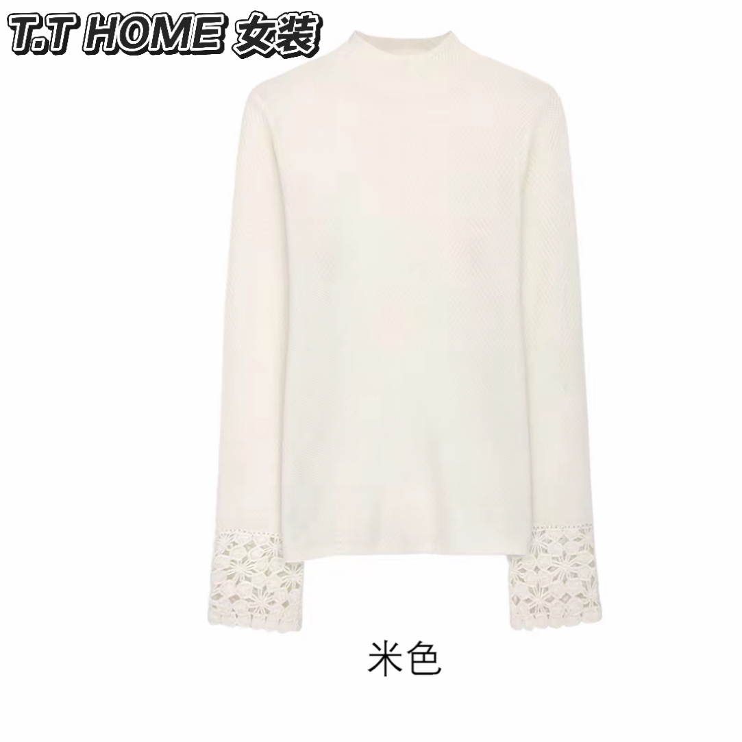 T THOME鱼骨打底衫秋冬新款半高领镂空钩花无缝一体袖口打底衫