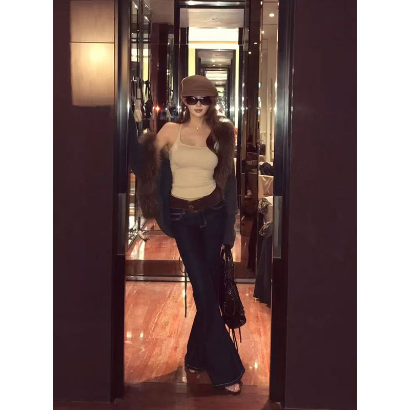 2025秋季新款毛领针织毛衣慵懒设计开衫外套+高腰水洗复古牛仔裤