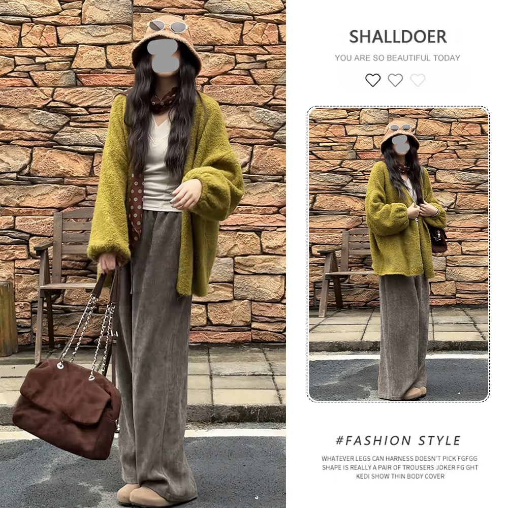 纯欲慵懒风时尚套装女2026春秋新款绿色针织毛衣外套阔腿裤两件套