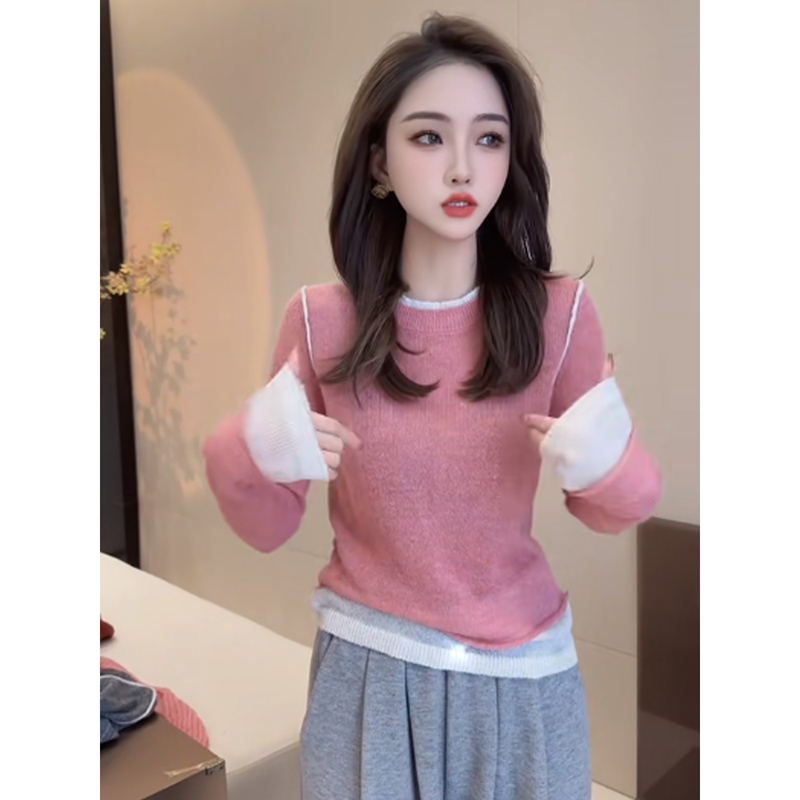 假两件针织内搭打底衫t恤女长袖秋冬2025新款设计感拼接气质上衣