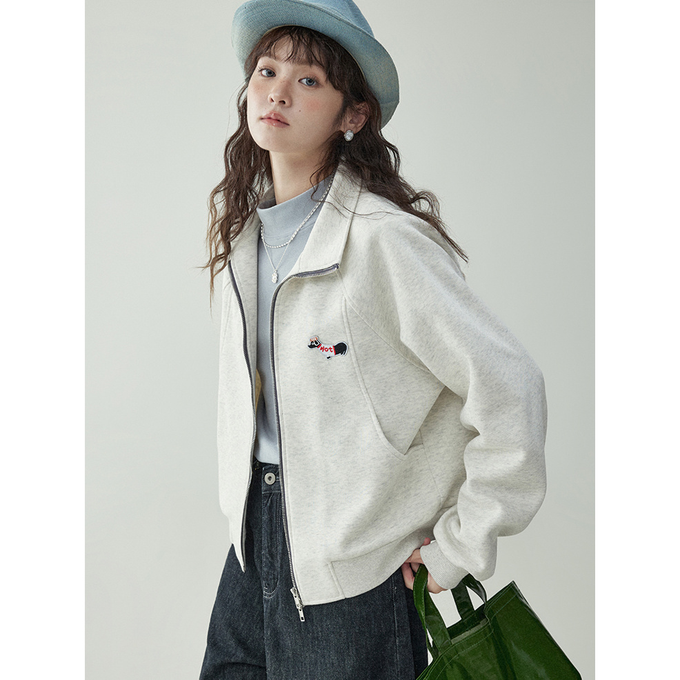 小狗刺绣卫衣女短款外套2025秋季新款立领开衫拉链短外套宽松百搭