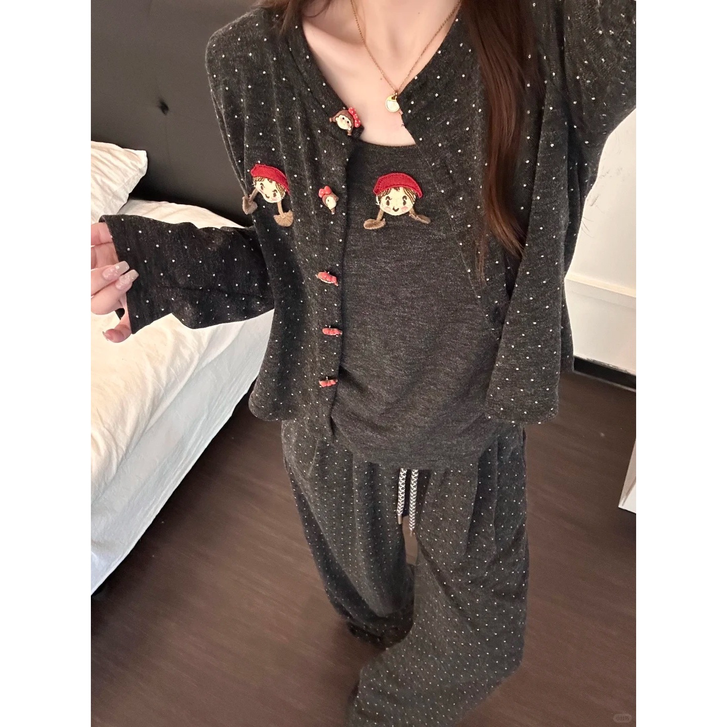 【DMXJ大梦想家】可爱小红帽家居服睡衣女款三件套秋冬波点开衫外套