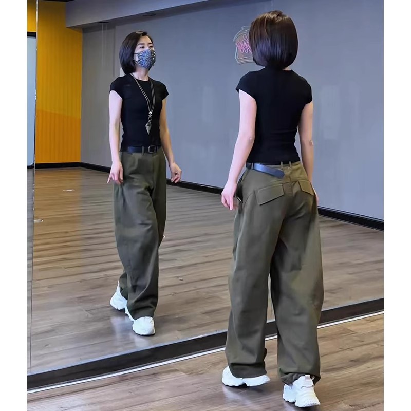 春夏鬼步舞墨绿色裤子休闲工装裤女2025新款宽松时尚直筒阔腿女裤