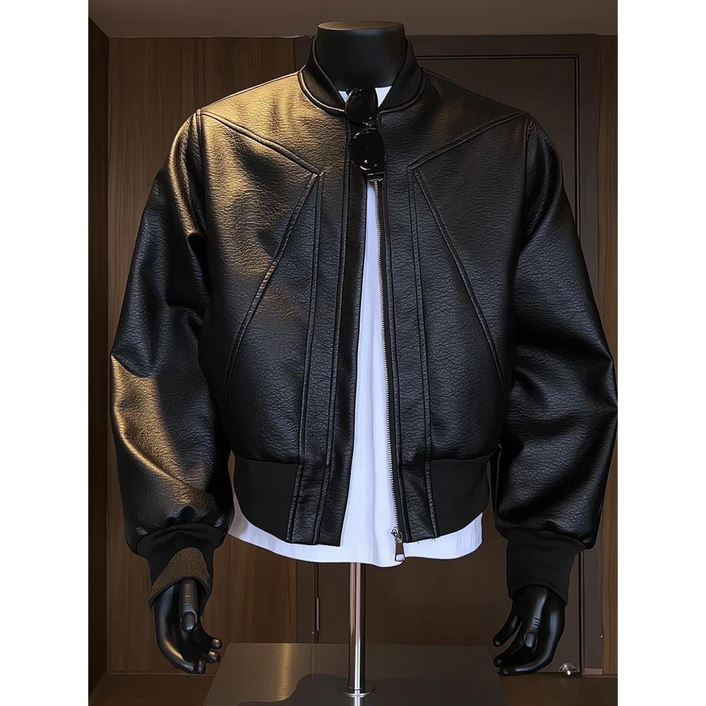 黑色美式pu皮衣外套男秋春痞帅高级感短款红内夹克正肩boxy机车服