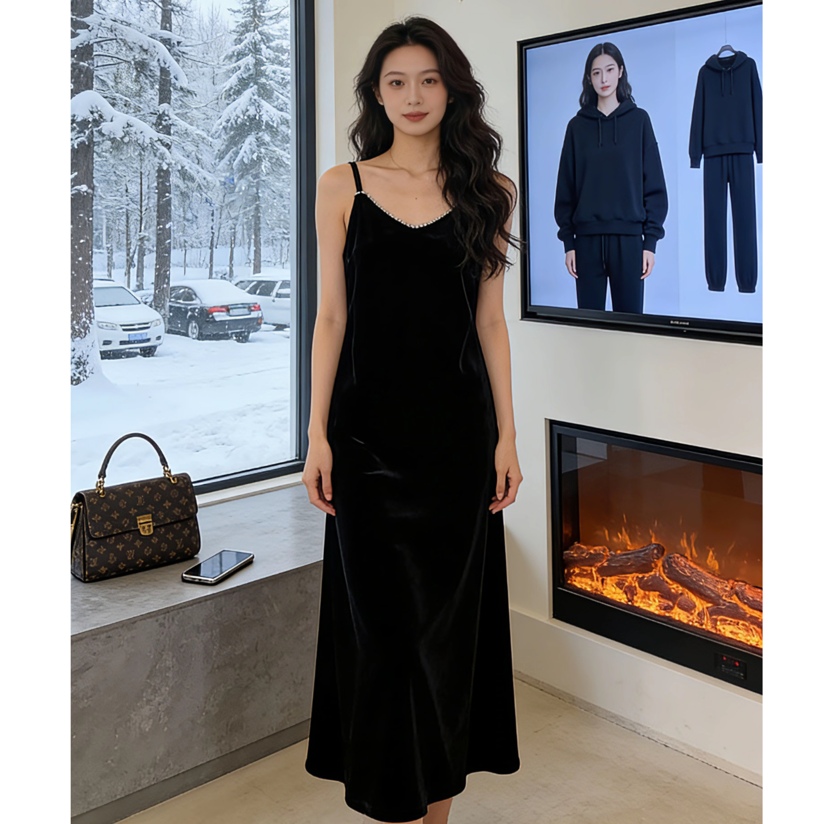 D999-3223 【玉珠一】新中式新款高端丝绒气质高级感吊带连衣裙女