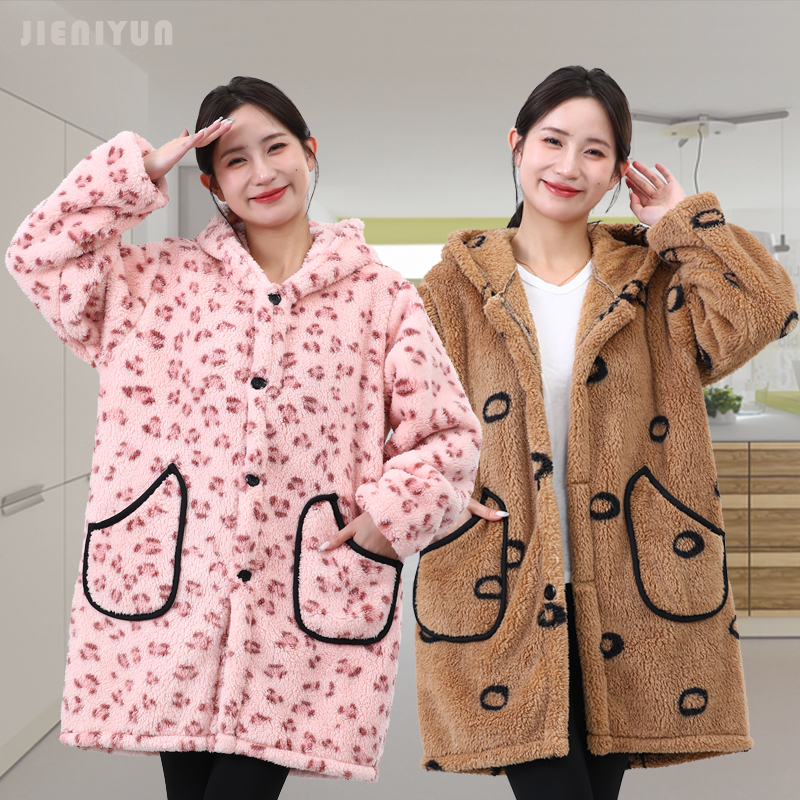 新款全绒罩衣女加绒加厚羽绒服外套秋冬厨房围裙法兰绒家居工作服