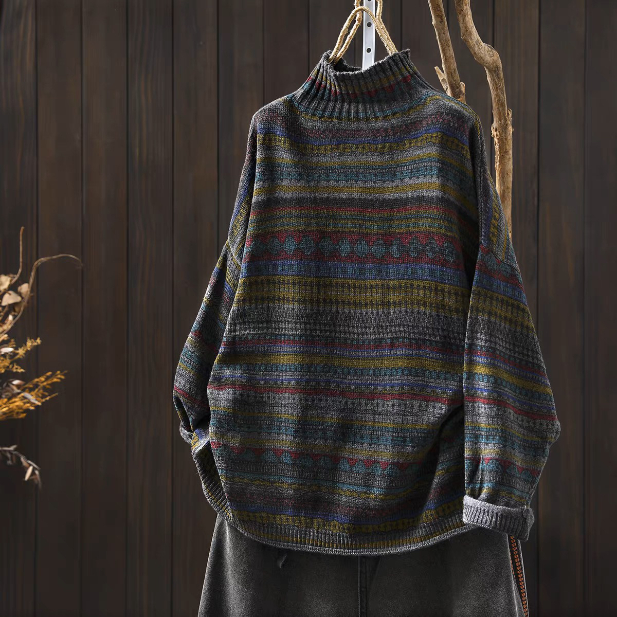 毛衣女款2025新款秋冬季设计感条纹半高领宽松休闲小众套头针织衫