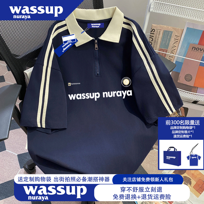WASSUP NURAYA美式复古藏青色polo衫短袖男t恤大码300斤纯棉上衣