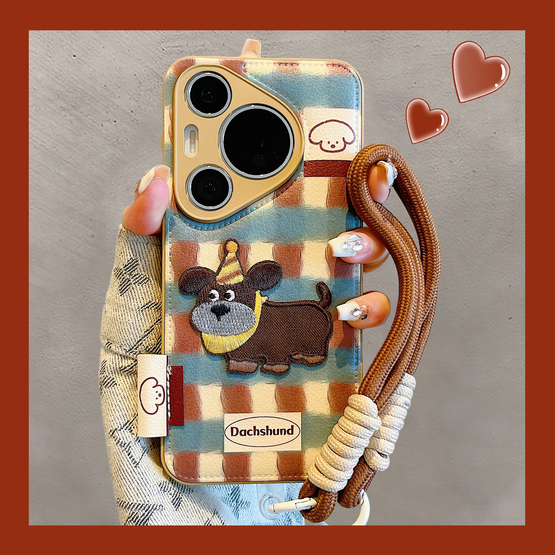 适用华为pura80Pro手机壳mate60pro+趣味刺绣腊肠狗苹果17/16/15