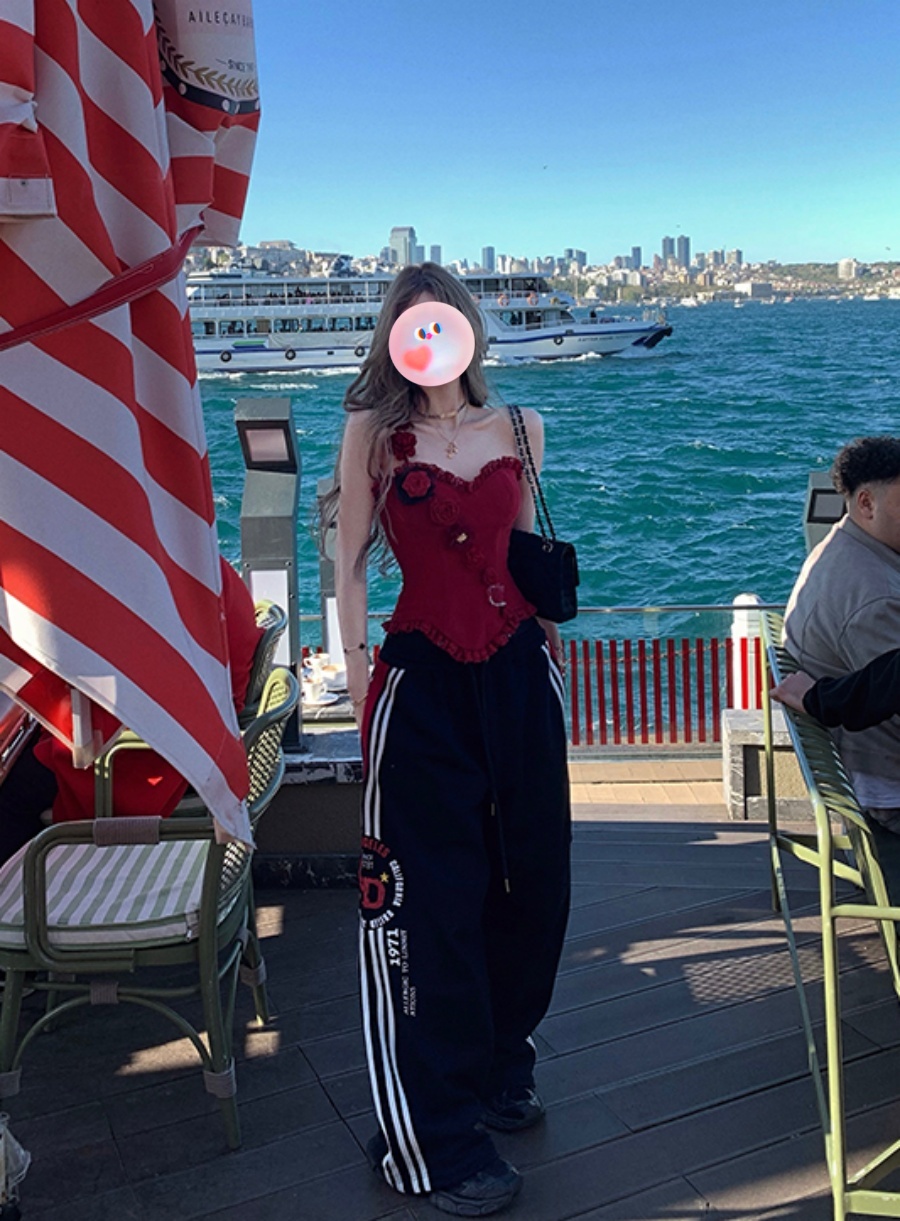 痞酷美式复古双腰头三条杠卫裤女宽松阔腿运动印花条纹跳舞休闲裤