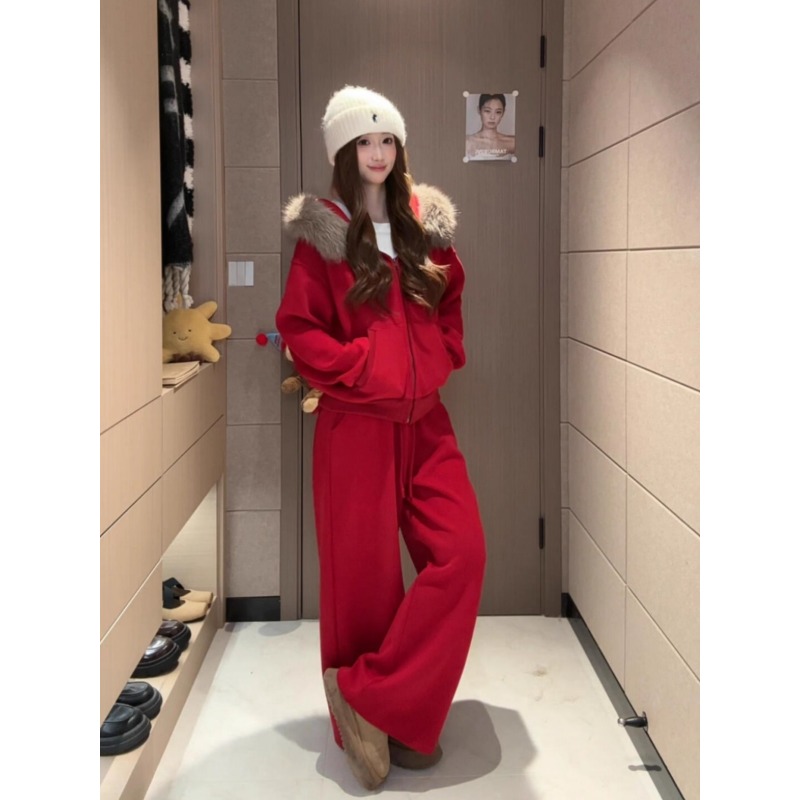 高级感时尚休闲运动套装女秋冬加绒加厚连帽毛领卫衣阔腿裤两件套