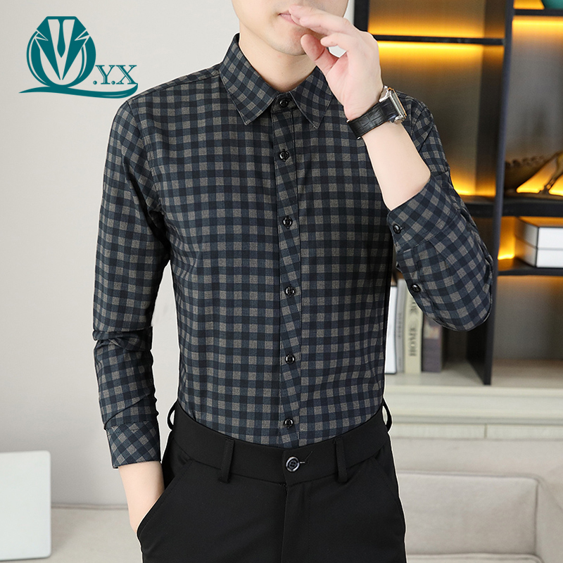 秋季男士高档长袖格子衬衫商务休闲衬衣男装帅气百搭修身抗皱寸衫
