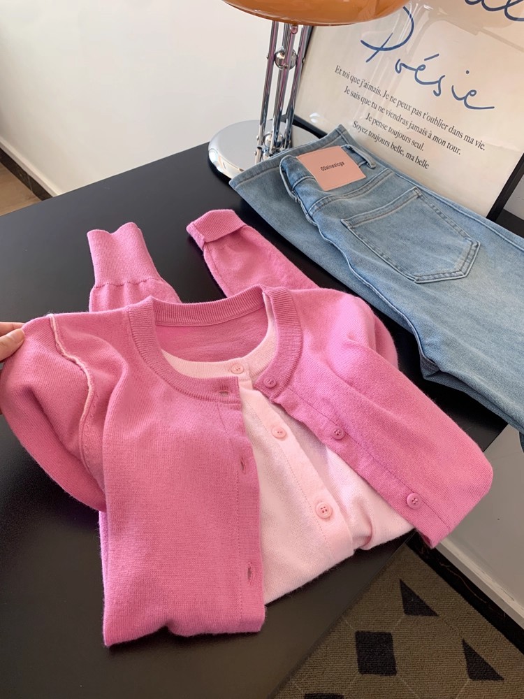 玫粉色假两件撞色慵懒针织开衫女士小个子上衣高级感韩系早秋穿搭