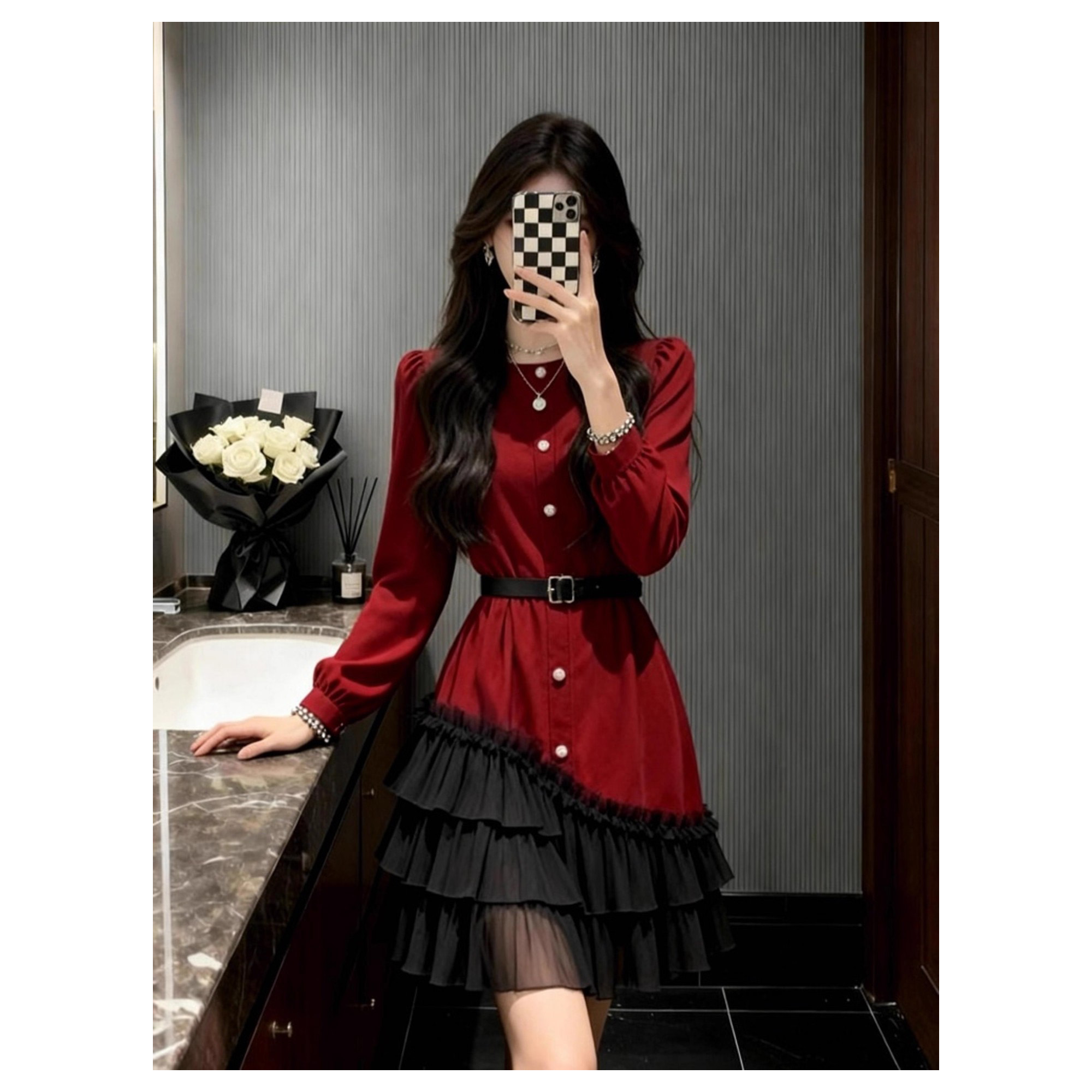 红色荷叶边拼接收腰连衣裙女2025新款冬大方得体的生日裙子高级感