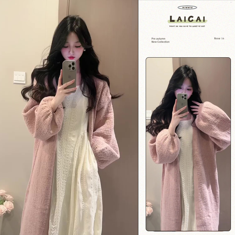 2025春秋温柔风灯笼袖圆领长款开衫上衣百搭压褶刺绣连衣裙套装女