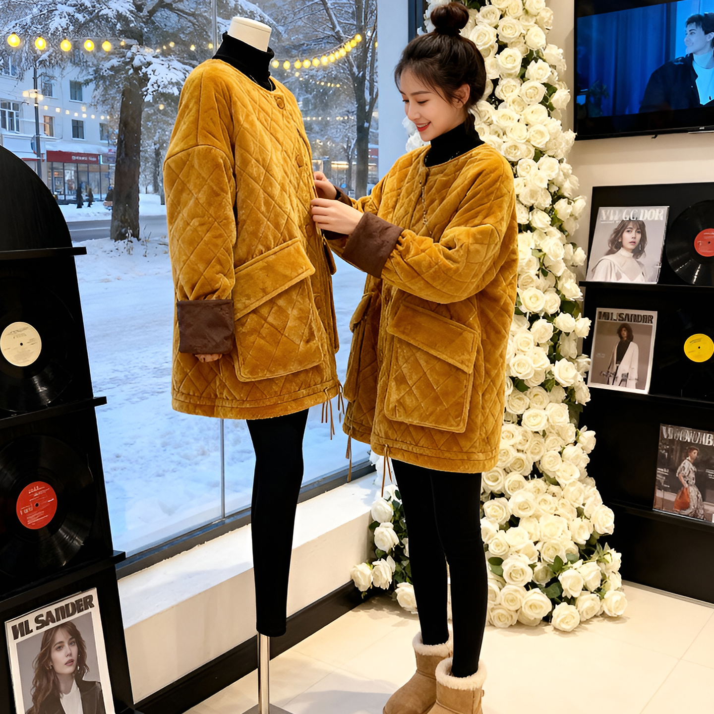 复古时尚高级感棉服女2025新款圆领气质百搭拼色设计感潮流上衣潮