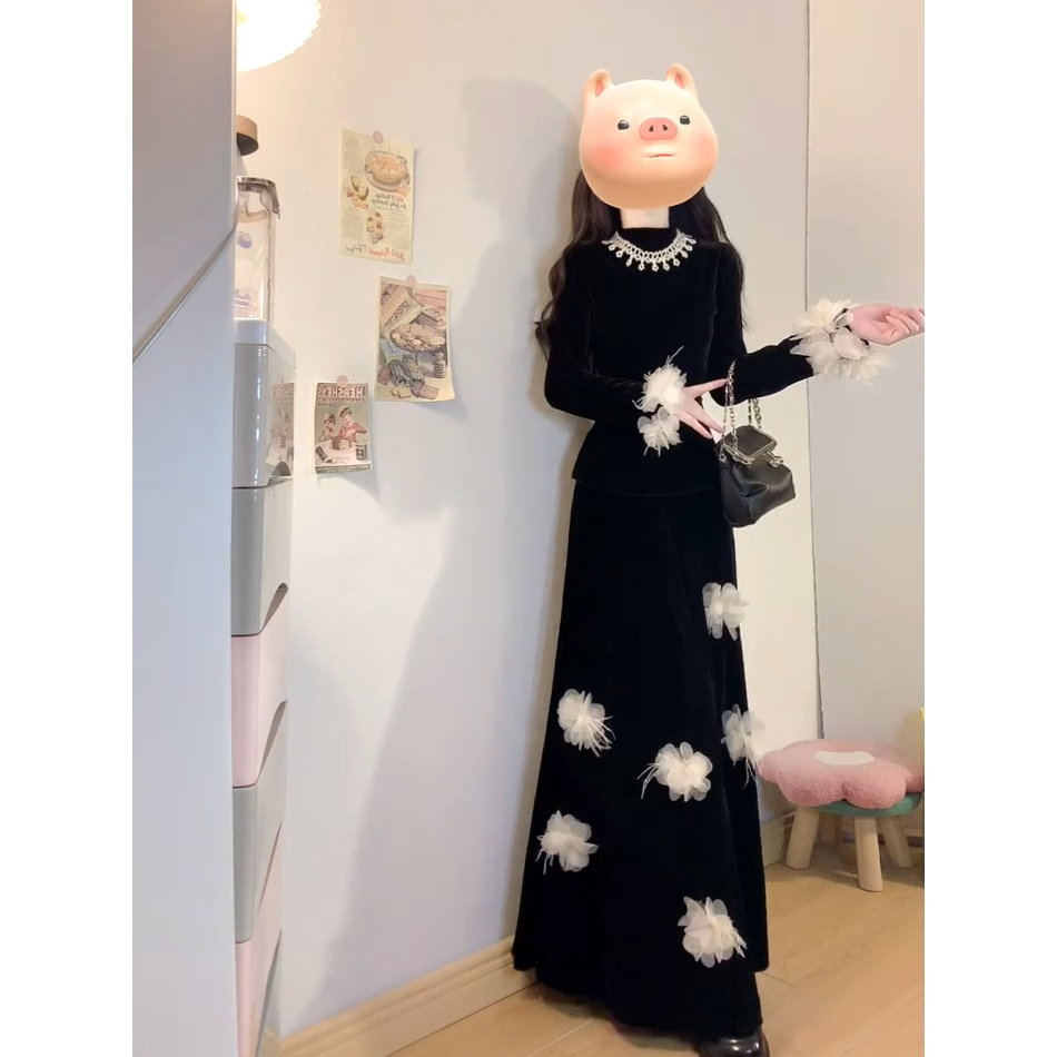 大码女装胖mm秋冬新款韩系富家千金黑色赫本风丝绒上衣半身裙套装