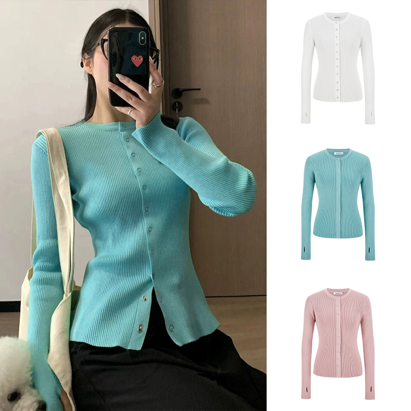 Moses Queen/魔西女王薄荷绿针织开衫女秋季修身显瘦气质长袖上衣