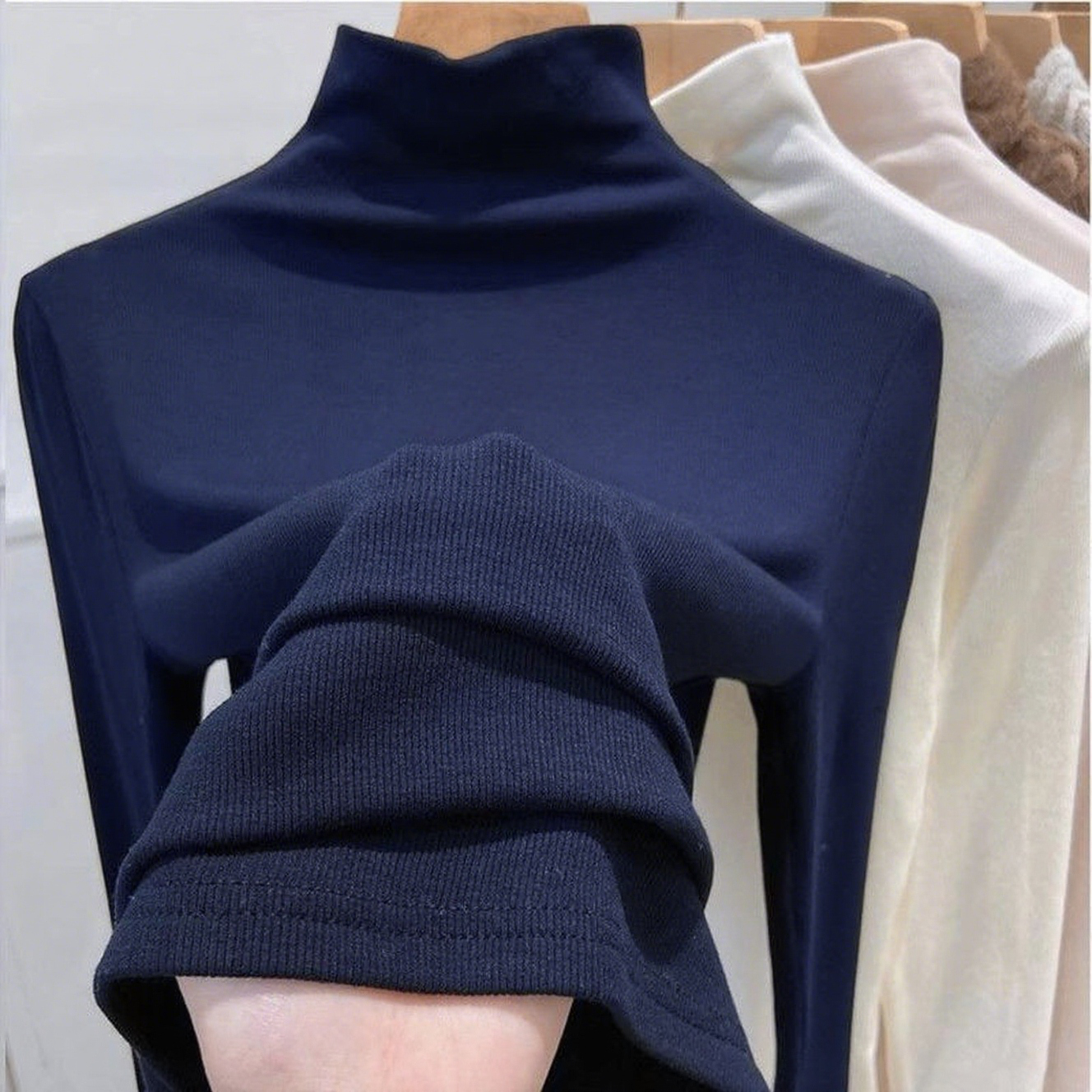新款螺纹莫代尔深蓝色半高领打底衫女内搭2025秋冬纯色美拉德上衣