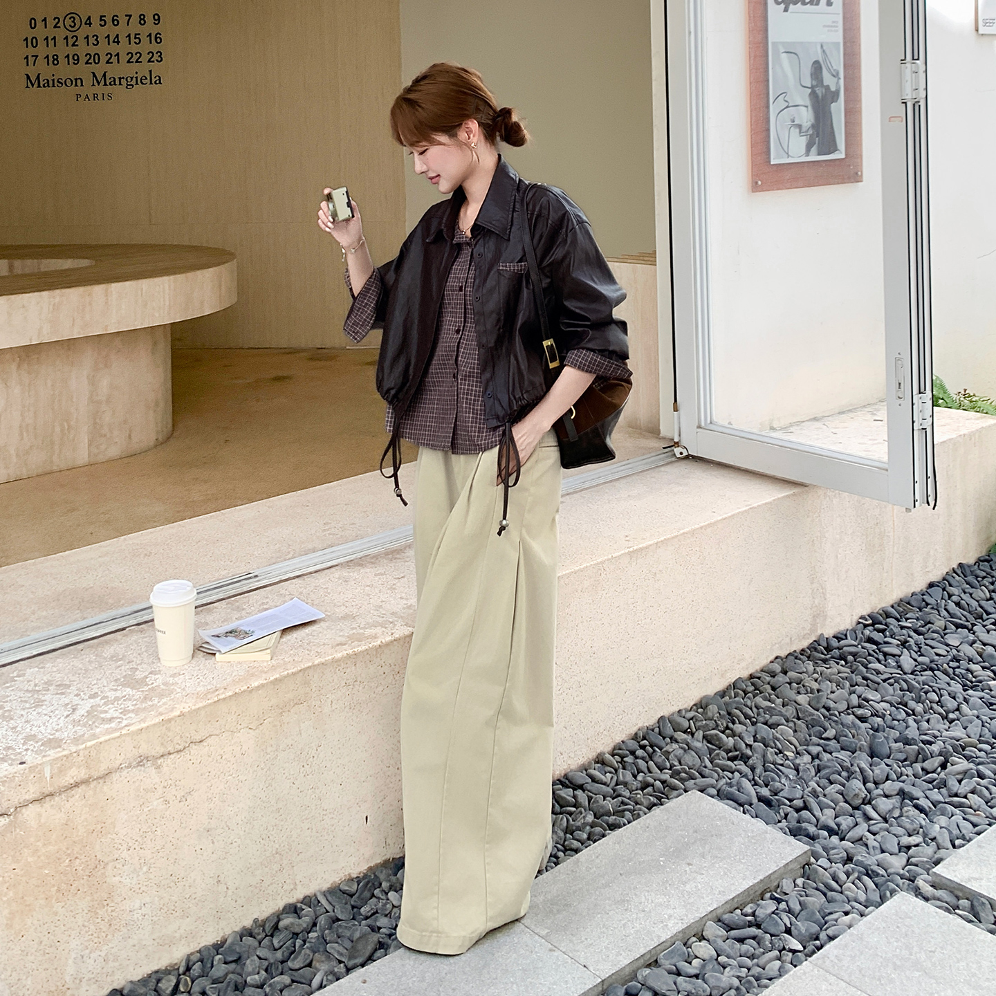 格子拼接假两件皮衣外套女欧货2025秋季新款设计感PU皮夹克上衣潮