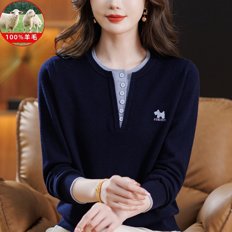 【100%纯羊毛】时尚妈妈装洋气打底衫圆领毛衣中年女装秋冬保暖上衣