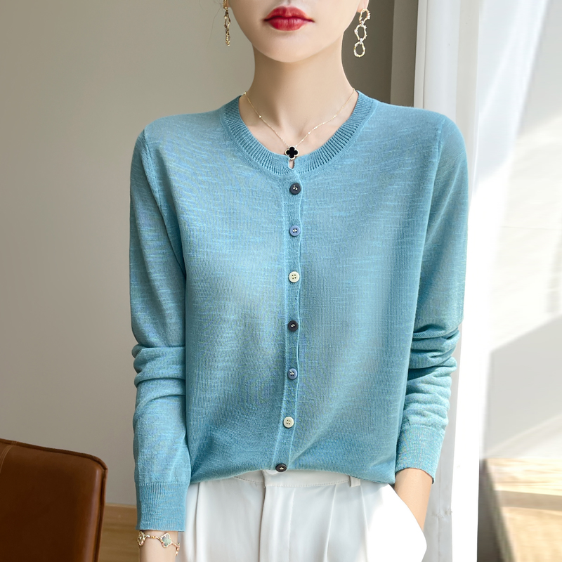 竹节麻防晒针织衫女薄款毛衣长袖上衣夏季宽松外搭彩扣D-537