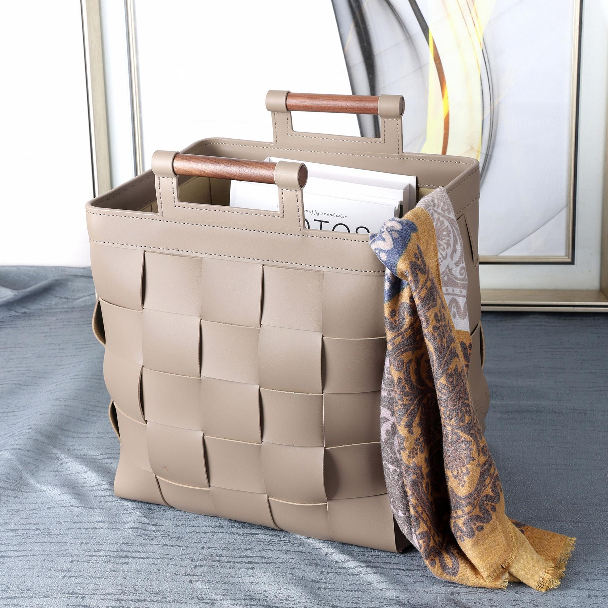 收纳筐胡桃木把手马鞍皮手工编织收纳筐高端私宅衣柜收纳礼物置物