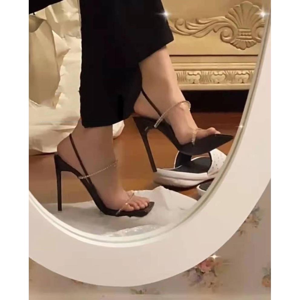 【澳门专柜正品】绝美线条！水钻细跟高跟鞋2022新款方头一字带性感