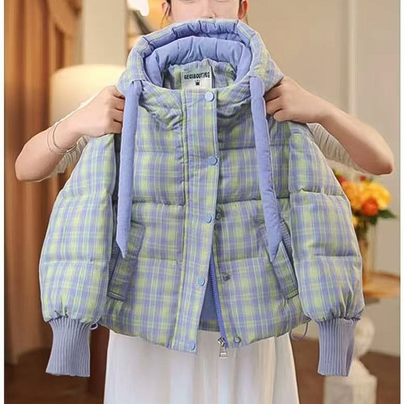 女童格纹棉服2025新款女孩连帽面包服中大童棉衣冬季加厚格子外套