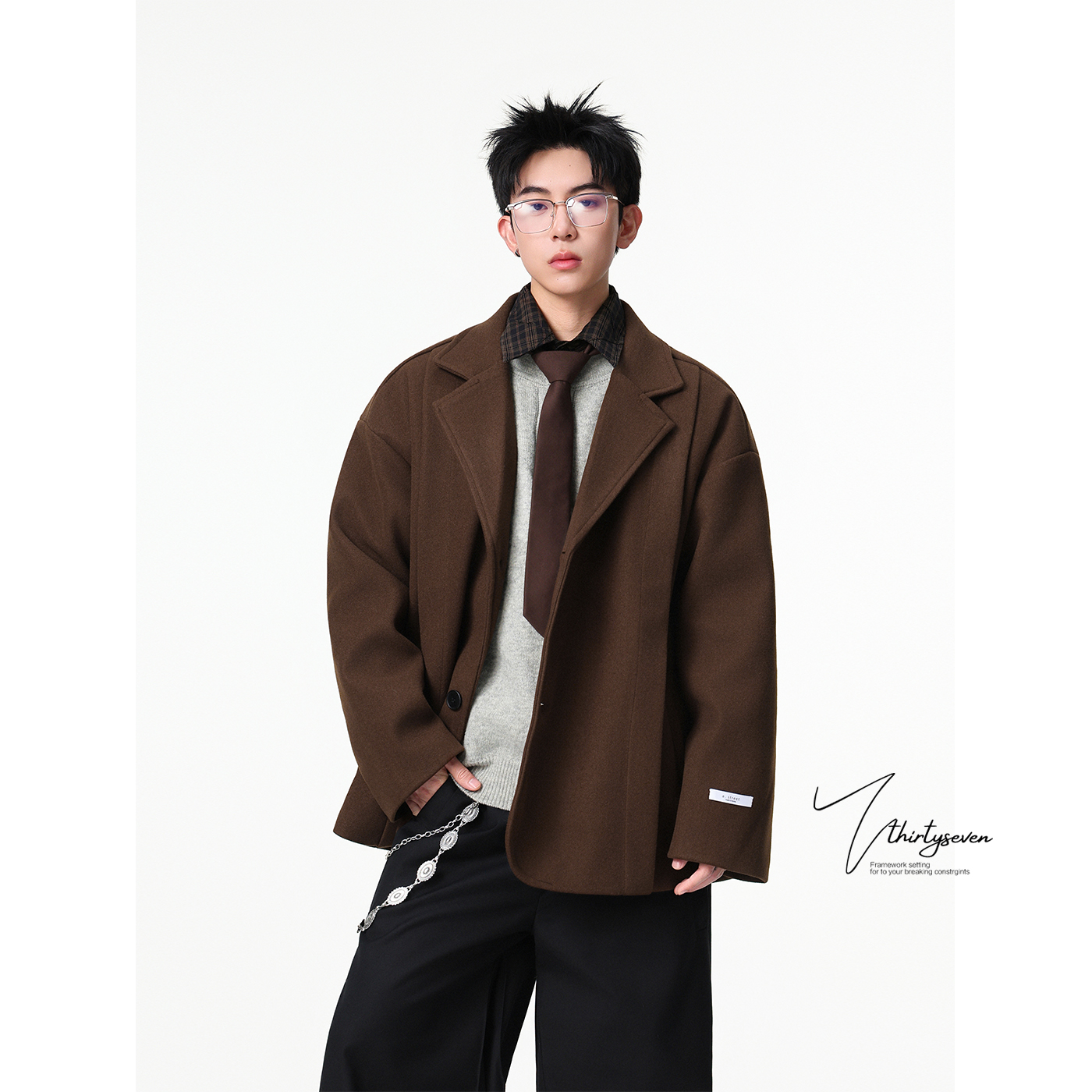 V37美式高级感英伦风毛呢西装外套男款冬季宽松短款加棉西服夹克