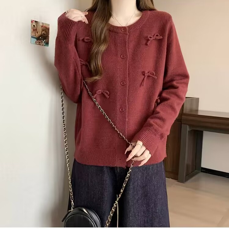 大码胖mm甜美风显瘦蝴蝶结百搭加厚针织开衫女秋遮肉气质红色上衣