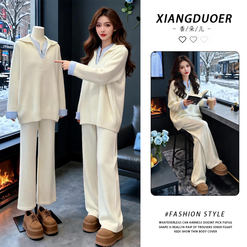 两件套针织翻领上衣阔腿裤百搭设计感新款2025冬季套装女时尚套装