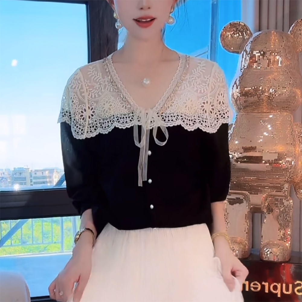 法式蕾丝拼接长袖针织衫女秋季新款镂空设计感薄款显瘦上衣潮3730